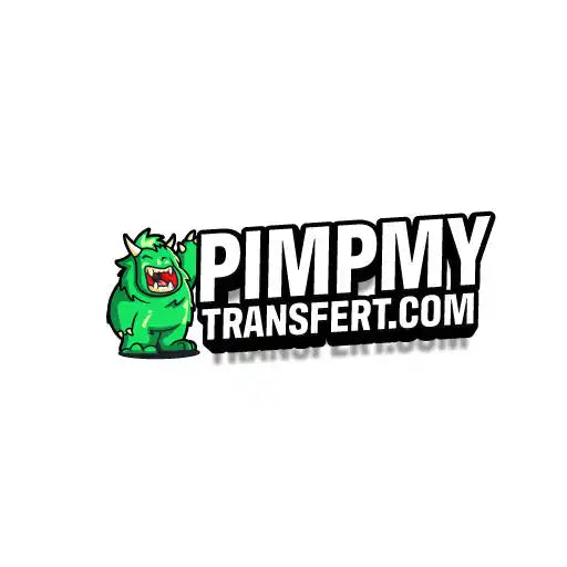 Logo présentant un personnage de monstre de dessin animé vert à côté du texte disant ’PIMPMYTRANSFERT.COM’