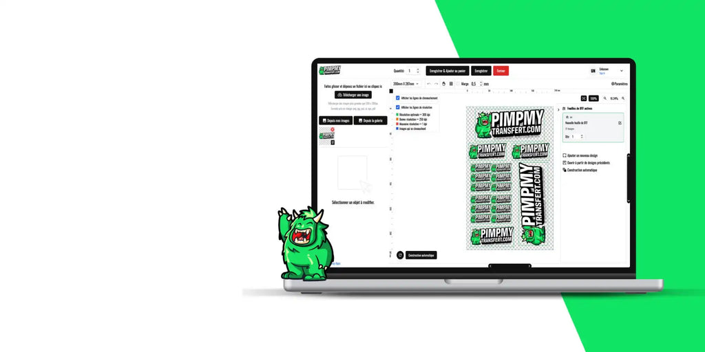 Ordinateur portable affichant une interface de site web avec une mascotte de monstre de dessin animé à côté.